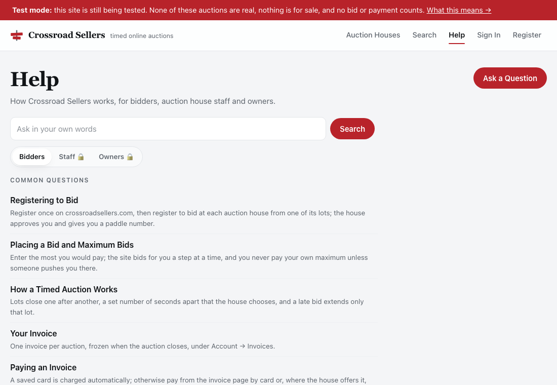 The help front: the search box, the Bidders, Staff and Owners tabs, and the Common Questions list