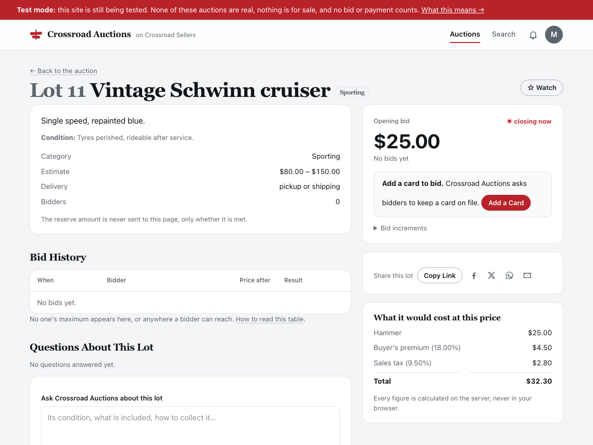 A lot's page before a card is on file: the description, condition and estimate on the left; on the right the opening bid, the closing-now mark, and a box saying Add a card to bid with an Add a Card button